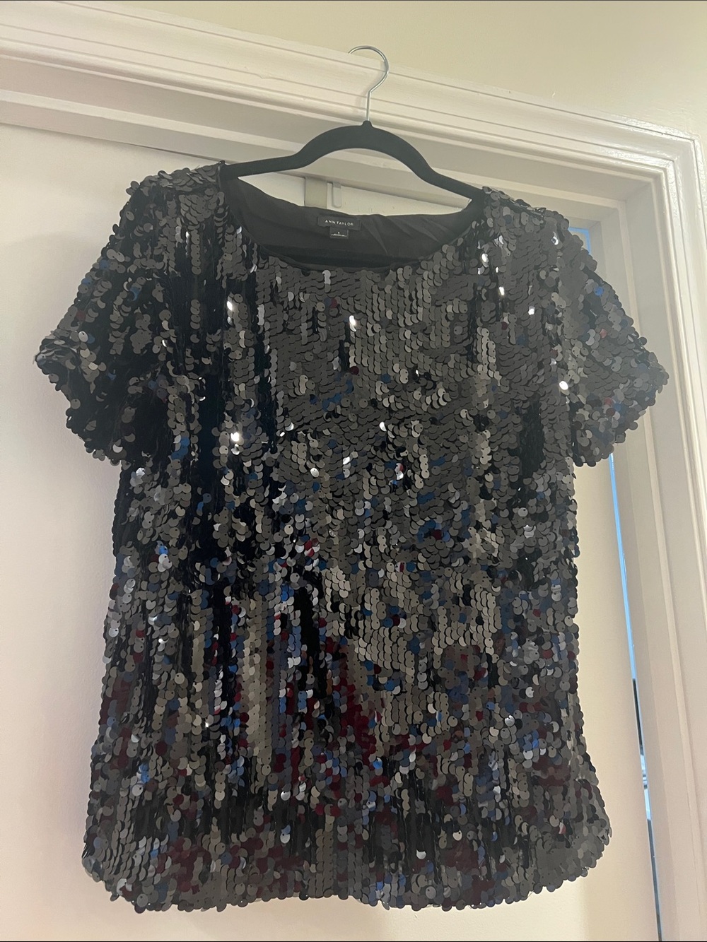 Ann Taylor Black Sequin Top with Short Sleeves